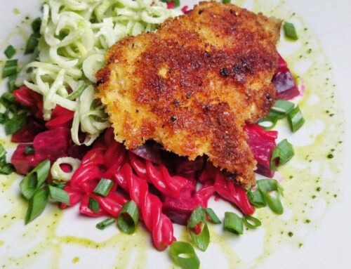 Beet Pasta with Crispy Chicken and Baby Fennel Salad