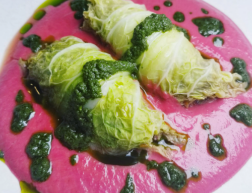 Steamed Napa Chicken Dumplings with Curried Beet Coco-Crema and Spicy Herb Oil