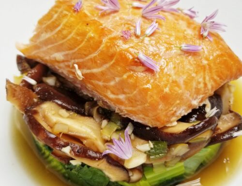 Smoked Salmon Over Asian Greens & Sweet Soy Shiitake Mushrooms